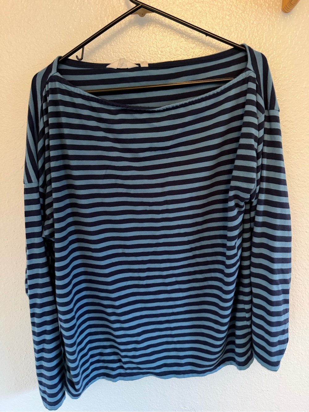 Candace Cameron Bure Navy and Light Blue Striped Boatneck Top